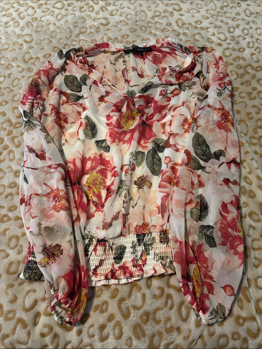 Floral Long-Sleeve V-Neck Smocked Waist Blouse - Pink Floral